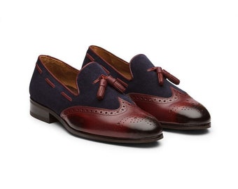 Handmade Burgundy Leather Slip-on Loafers Fashion Shoes for Men Brogue Shoes, Men's Designer Shoes