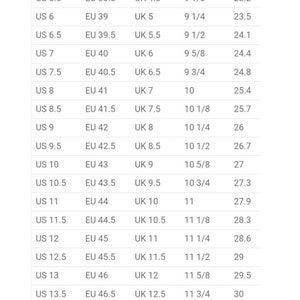 May include: A men's shoe size chart with US, EU, UK, and inch measurements. The chart shows the corresponding sizes for each measurement system.