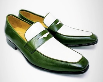 White and Green Leather Loafers Slip-on Fashion Shoes, Men's Formal Shoes, Men's Wedding Shoes