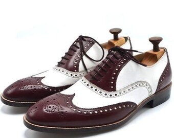Weiß und Burgunder Leder-formelle Schuhe für Männer Flügelspitzen Brogue Schuhe, Herren Designer-Schuhe
