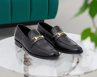 Black Custom Made Buckle Loafers for Men's Black Designer Shoes, Black Dress Shoes, Black Business Casual Shoes