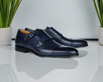 Navy Blue Double Monk Shoes for Men's Blue Dress Shoes, Formal Shoes for Men, Comfortable Shoes