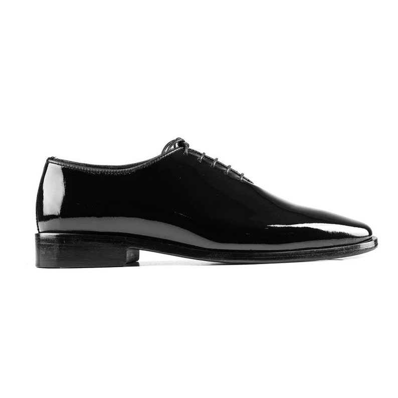 May include: Black leather lace-up dress shoes with a polished finish.