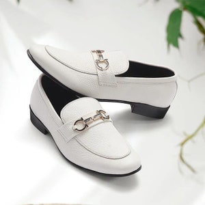 White Leather Slip-on Loafers for Men&#39;s White Dress Shoes, Comfortable Shoes