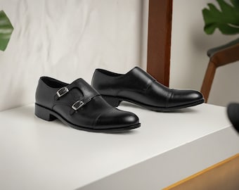 Zapatos negros de doble hebilla para hombre, zapatos de vestir, zapatos formales negros, zapatos cómodos