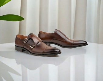 Brown Double Monk Shoes for Men's Dress Shoes, Brown Formal Shoes, Comfortable Shoes