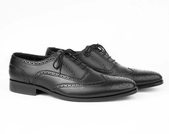 Handmade Leather Black Wingtip Brogue Shoes for Men's Dress Shoes, Men's Formal Shoes