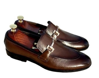 Brown Leather Slip-on Loafers for Men's Brown Dress Shoes, Men's Fashion Shoes, Comfortable Shoes
