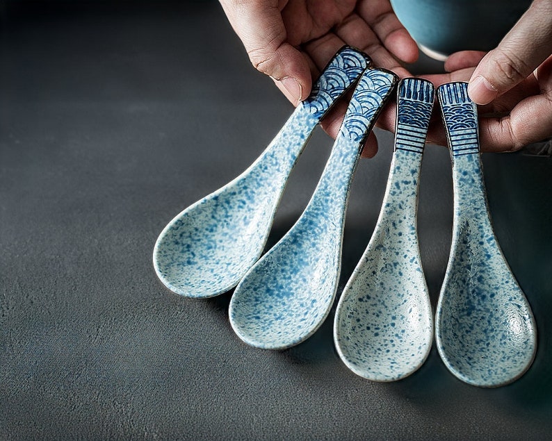 Japanese Style Porcelain Hand-Painted Spoons - Elegant Blue Design | Retro Style Rice Bowl with Spoon | Asian Cuisine Gifts for Christmas