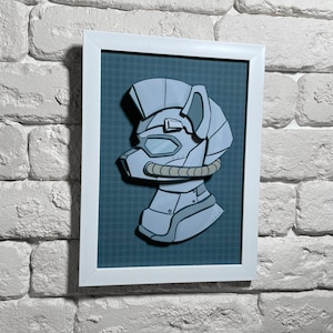 May include: Framed artwork featuring a stylized, light gray robot head in profile. The artwork has a white frame and is set against a teal background with a dotted pattern. The robot head has a mohawk and a circular neck piece.