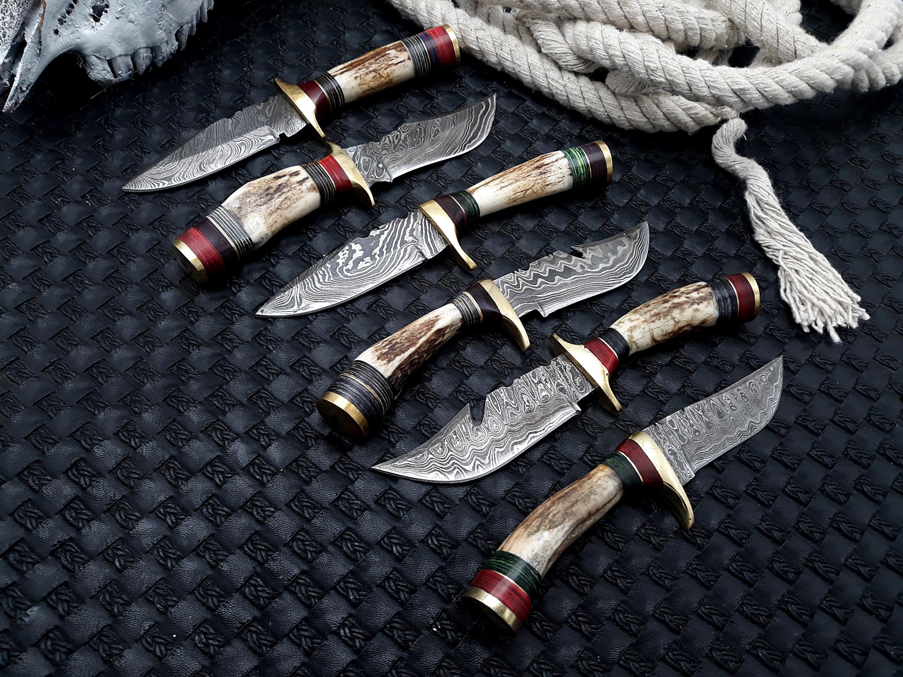 Personalized Damascus Steel Groomsmen Knife Set: Handmade Hunting Knives, Leather Sheath