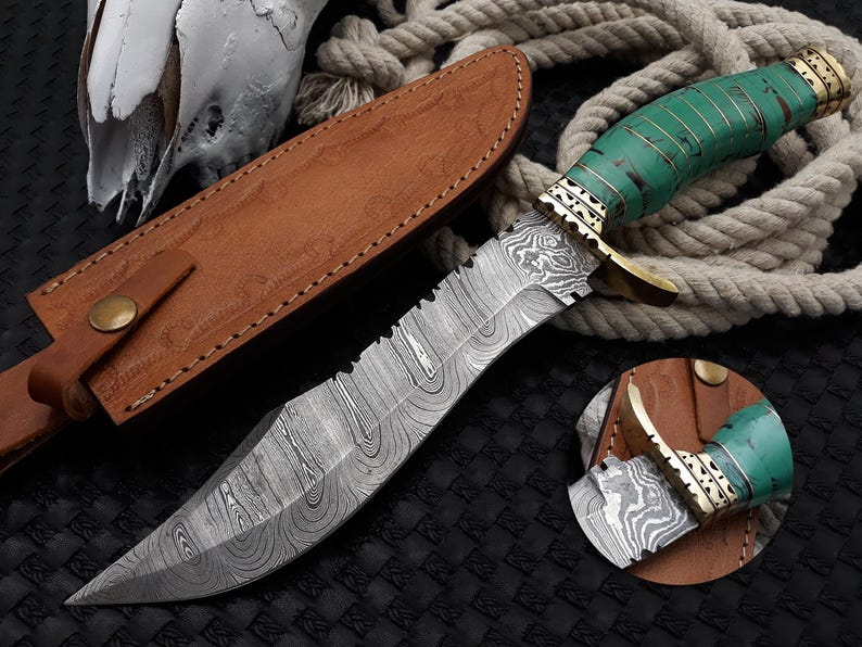 Handmade Damascus Bowie Knife With Stone Handle and Brass Guard Outdoor