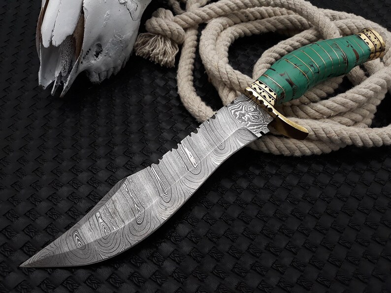 Handmade Damascus Bowie Knife With Stone Handle and Brass Guard Outdoor