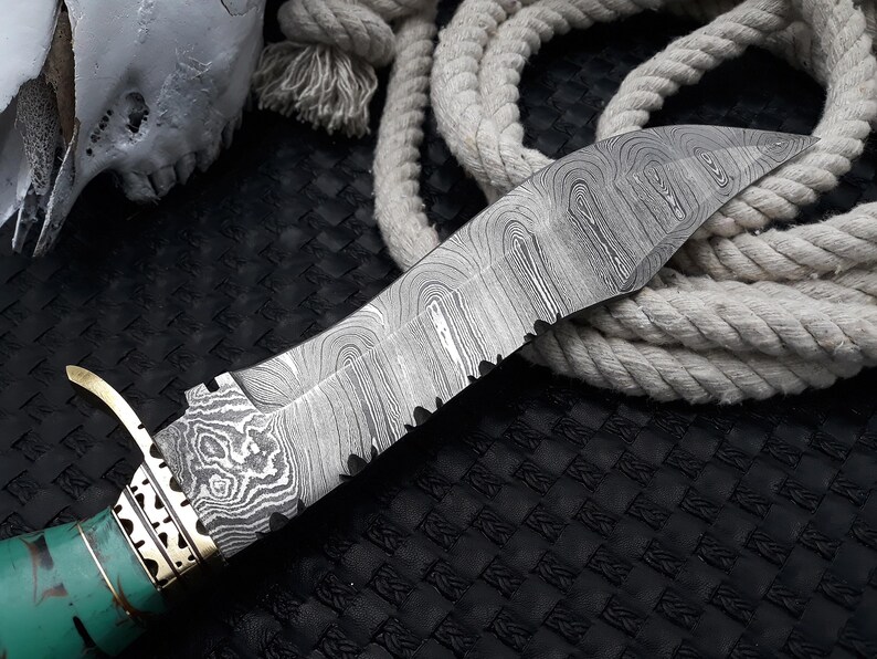 Handmade Damascus Bowie Knife With Stone Handle and Brass Guard Outdoor