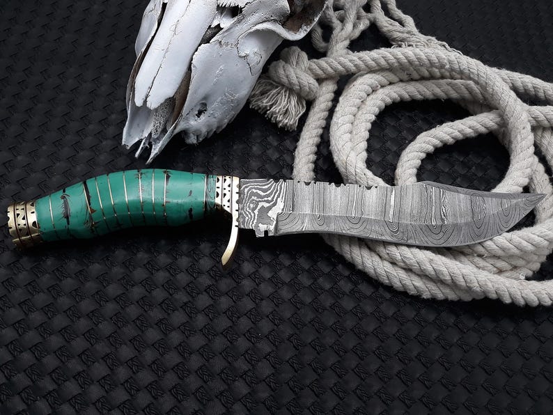 Handmade Damascus Bowie Knife With Stone Handle and Brass Guard Outdoor