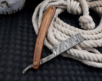 Handmade Damascus Steel Straight Razor: Koa Wood Handle, Leather Sheath
