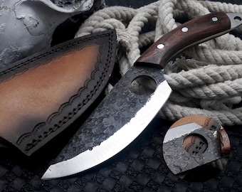 Handmade Carbon Steel Chef Knife: Walnut Handle, BBQ Butcher Knife