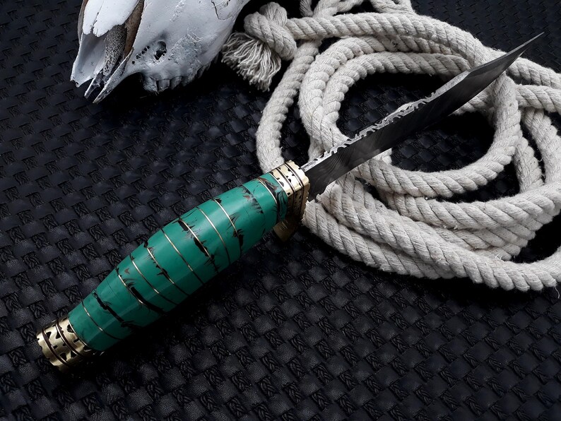 Handmade Damascus Bowie Knife With Stone Handle and Brass Guard Outdoor