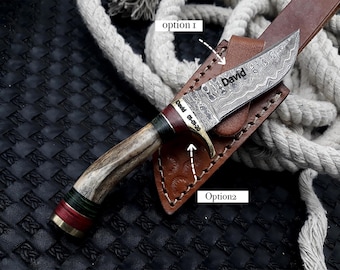 Personalized Damascus Hunting Knife: Hand Forged Skinner with Deer Antler Handle