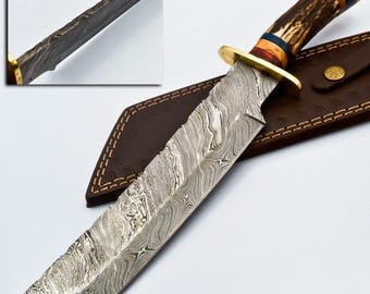 Handcrafted Damascus Steel Tanto Knife: Deer Antler Handle, 10&quot; Blade
