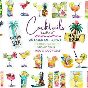 COCKTAILCLIPART, aquarelalcoholische dranken, penseelstreekontwerpen, drankparaplu's, margarita's, ananas, watermeloenen, borden en meer!