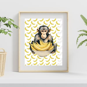 May include: A chimpanzee holding a bowl of bananas, surrounded by a pattern of yellow bananas on a white background.