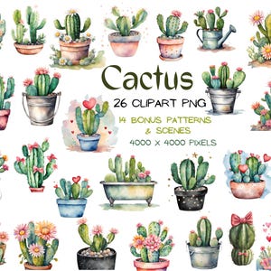 CACTUS CLIPART: ¡Caligrafía de cactus en acuarela con flores, lazos, corazones y estrellas! Patrones adicionales. ¡Perfectos para scrapbooking, sublimación y POD!