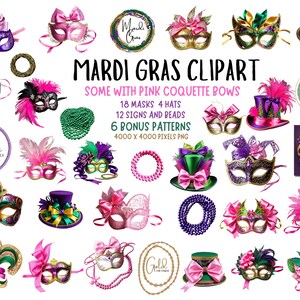 Könnte beinhalten: Ein Set mit 18 Mardi Gras Masken, 4 Hüten, 12 Schildern und Perlen sowie 6 Bonusmustern. Die Masken sind mit Federn, Pailletten und Perlen verziert. Einige der Masken haben rosa Schleifen. Die Hüte sind mit Federn, Perlen und Bändern verziert. Die Schilder sind mit Perlen und Federn verziert. Die Perlen sind grün, lila und gold. Die Muster sind in verschiedenen Farben. Alle Artikel sind 4000 x 4000 Pixel PNG.