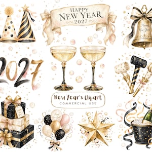 May include: A collection of New Year's Eve themed watercolor illustrations featuring party hats, a banner reading Happy New Year 2027, a gold bell, champagne glasses, party blowers, gift boxes, balloons, a star, and a champagne bucket.