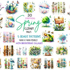 SPRING CLIPART BUNDLE, Brushstroke Collages Cottage Core  Flowers Spring garden Signs Whimsical patterns Umbrellas Boots frogs and more!