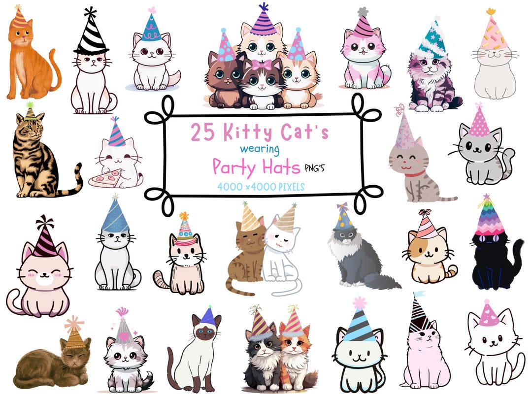 CAT CLIPART- Kitty Cats Wearing Party Hats is Perfect for Birthday ...