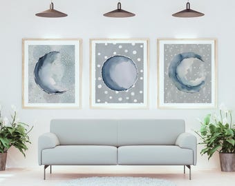 Blue Moon Phase Wall Art Set: Indigo Celestial Decor (Digital Prints