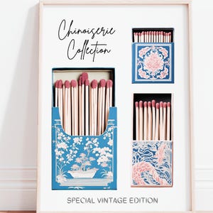 MATCHBOX WALL ART Vintage Chinoiserie Art style, Matchbook poster perfect for trending art and chinoiserie lover&#39;s! Collectable art gift!