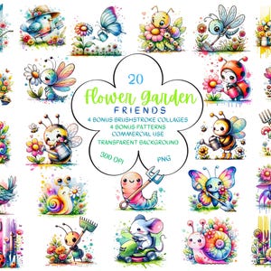 FLOWER GARDEN CLIPART Lot de créatures de jardin mignonnes et fantaisistes aidant dans le jardin avec des arrosoirs, des râteaux, des houes et des brouettes !