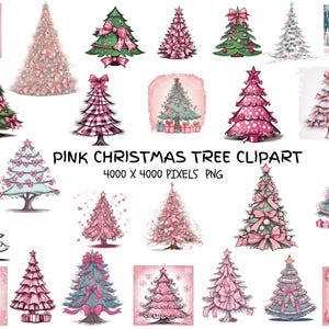 ROZE KERST Bomen met strikken, harten, geruite Clipart voor commercieel gebruik. Perfect voor sublimatie, knutselen, briefpapier en meer!  PNG-bestanden