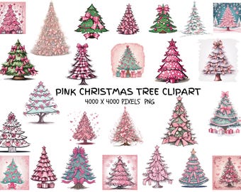 Alberi di Natale rosa con fiocchi, cuori e plaid. Clipart per uso commerciale. Perfetti per sublimazione, artigianato, cancelleria e altro ancora! File PNG.