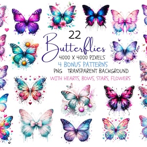 BUTTERFLY CLIPART Bundle, wunderliche Schmetterlinge mit Herzen, Bögen, Sterne, Blumen, Farbtropfen perfekt für Scrapbooking, Sublimation, POD!
