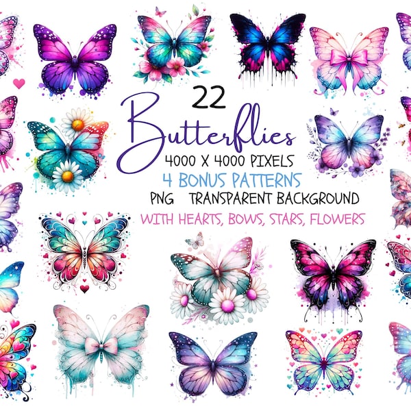 Schmetterlings-Clipart-Bundle, verspielte Schmetterlinge mit Herzen, Schleifen, Sternen, Blumen, Farbtropfen – perfekt für Scrapbooking, Sublimation und Print-on-Demand!