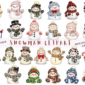 May include: A collection of 25 digital snowman illustrations featuring various hats, scarves, and patterns. The snowmen are depicted with diverse accessories including bows, candy canes, and mugs. The text 25 PNG'S SNOWMAN CLIPART COMMERCIAL USE is centered.
