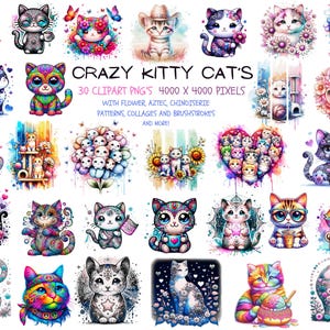 Lot de cliparts KITTY CAT avec coups de pinceau, collages, fleurs, chinoiseries, motifs tribaux parfaits pour la sublimation, le POD et le scrapbooking !