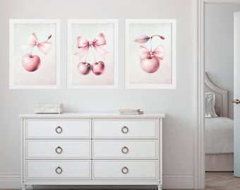 CHERRY WALL ART with bows- Cute pink bows on cherry's is a cute wall art set of 3, great in any room or nursery or girl's room art too!