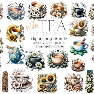 THÉ CLIPART BUNDLE / thé sauvage et fleurs clipart contient du thé chaud, des tasses et des soucoupes, des théières, des coeurs, des étoiles avec des fleurs et des empreintes d'animaux sauvages !