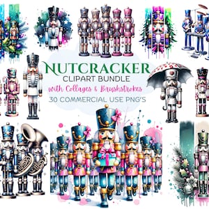 Könnte beinhalten: Eine Sammlung von Nussknacker-Cliparts im Aquarellstil. Das Bundle enthält verschiedene Nussknacker-Designs in Blau-, Rosa- und Goldtönen, einige halten Geschenke oder Musikinstrumente. Der Text "NUTCRACKER CLIPART BUNDLE" ist ebenfalls sichtbar.