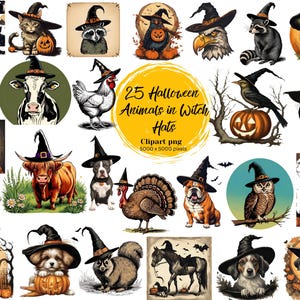 Pacote com 25 cliparts de ANIMAIS DE HALLOWEEN com chapéus de bruxa, animais de inspiração vintage com chapéus de bruxa! Perfeito para sublimação, scrapbooking e POD!
