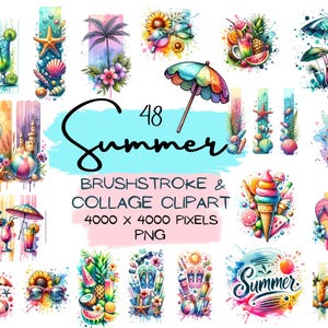 PACCHETTO DI CLIPART ESTIVI di collage e disegni a pennellate: bevande estive, frutta, occhiali da sole, infradito, castelli di sabbia, palme e molto altro!