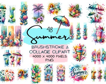 SUMMER CLIPART BUNDLE of collages and brushstroke designs-Summer drinks, fruit,sunglasses, flip flops, sand castles,palm trees, and more!