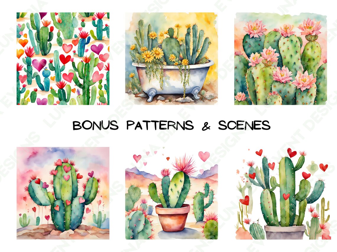 CACTUS Clip Art PNG Watercolor Cactus Clipart With Flowers, Bows ...