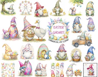Easter Gnomes Clipart – Whimsical Gnomes, Eggs, Chicks (Commercial Use)