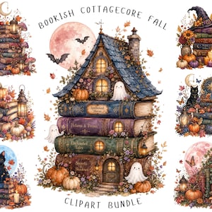 Puede incluir: Un conjunto de ilustraciones digitales titulado BOOKISH COTTAGECORE FALL CLIPART BUNDLE que presenta pilas de libros antiguos, calabazas, linternas brillantes, gatos negros, fantasmas, hojas de otoño y una casa construida con libros.