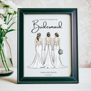 Cadeau de remerciement de demoiselle d'honneur Impression d'art mural personnalisée ou impression sous forme de carte ! Customisez les noms des jeunes mariés, la date du mariage ou des mots personnalisés !